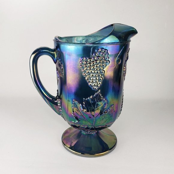VTG Iridescent Electric Blue Purple Carnival Glass Pitcher Grape & Leaf Pattern - Picture 6 of 9